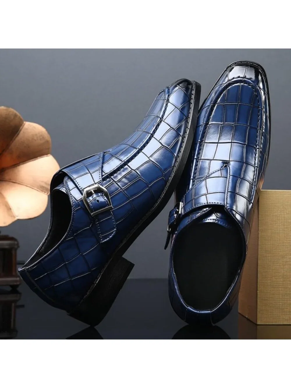 Men's Blue Monk Strap Dress Loafer Shoes Retro Leather Oxfords Shoes